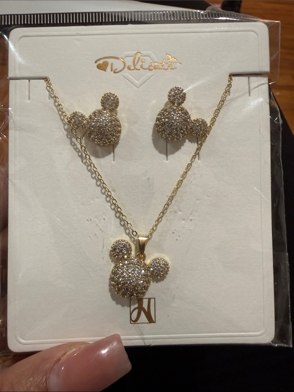 delicates Gold Pave Mouse Pendant Necklace and Stud Earrings Set